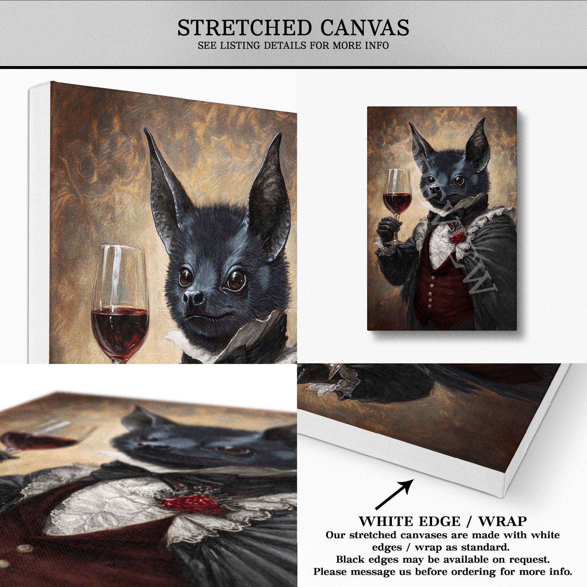 Bat Gentleman Red Wine Stretched Canvas by Vintage Panda Designs