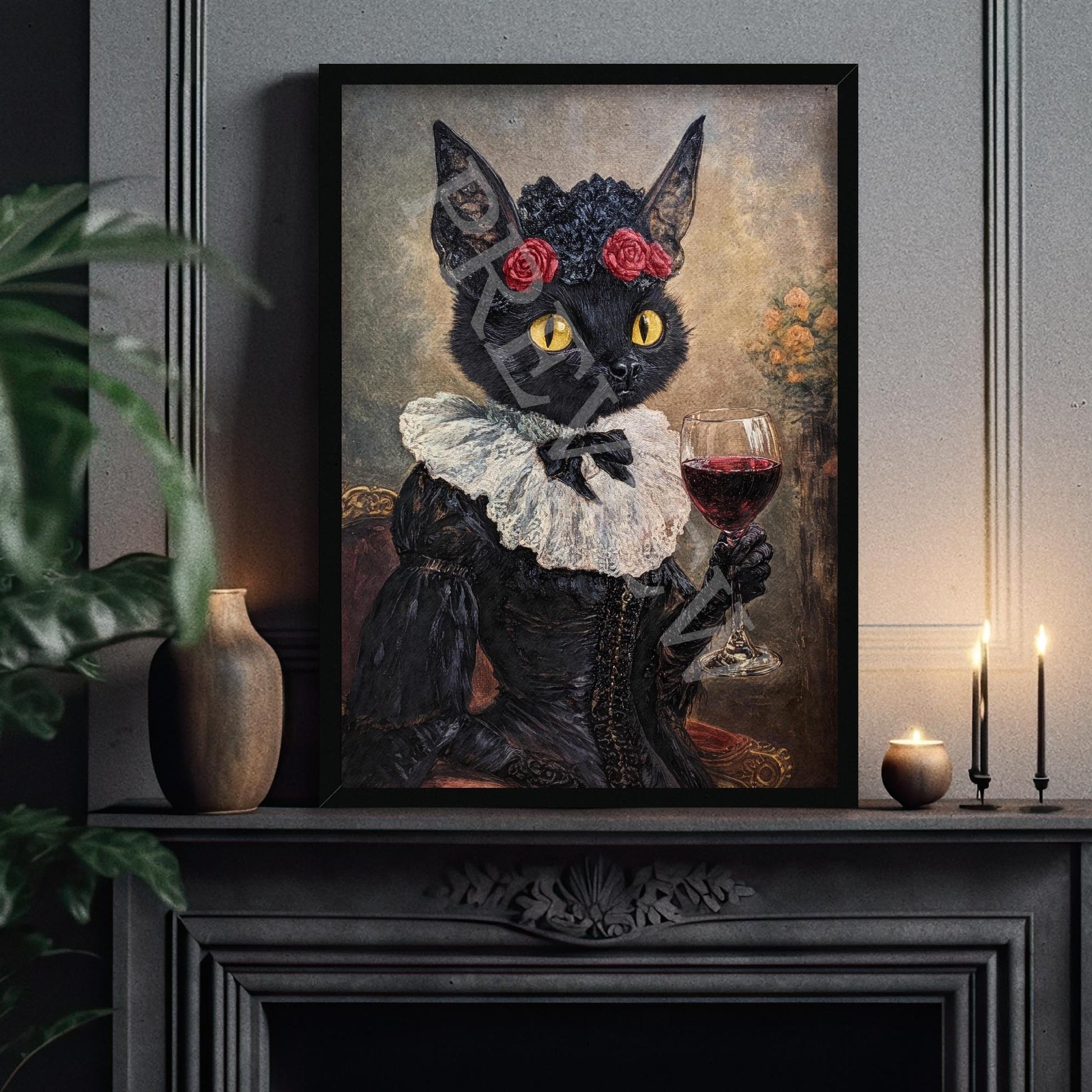 Bat_Lady_Red_Wine_Black_Frame_1_-_Vintage_Panda_Designs