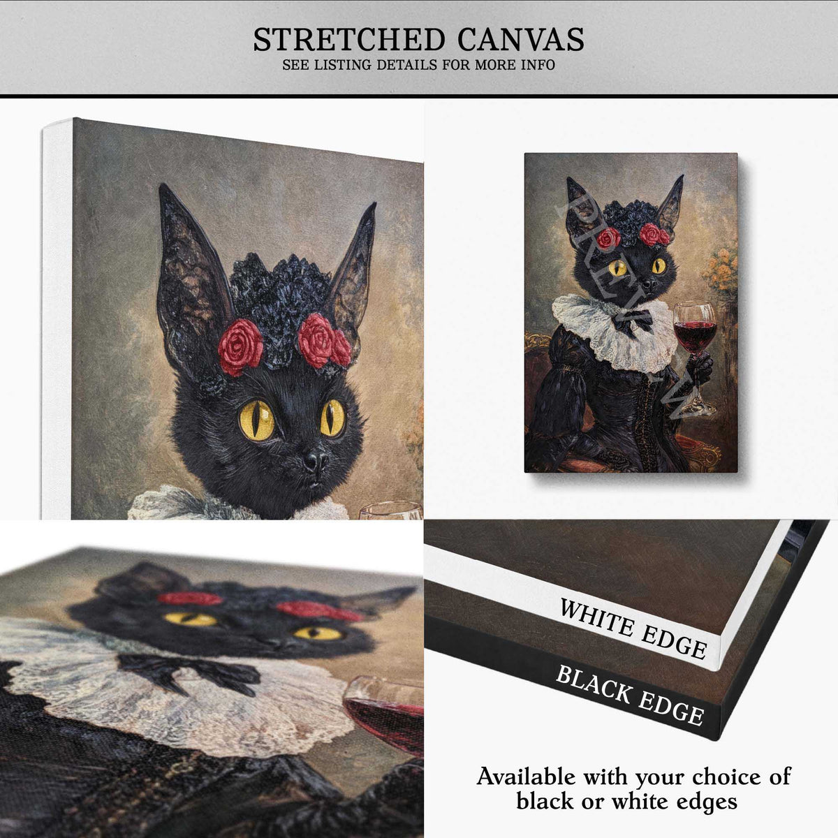 A collage showing a stretched canvas print of a black bat lady portrait in vintage attire, with text noting 'STRETCHED CANVAS' and 'SEE LISTING DETAILS FOR MORE INFO.' The collage also shows the canvas from an angled perspective, a close-up of the artwork, and edge options labeled 'WHITE EDGE' and 'BLACK EDGE.