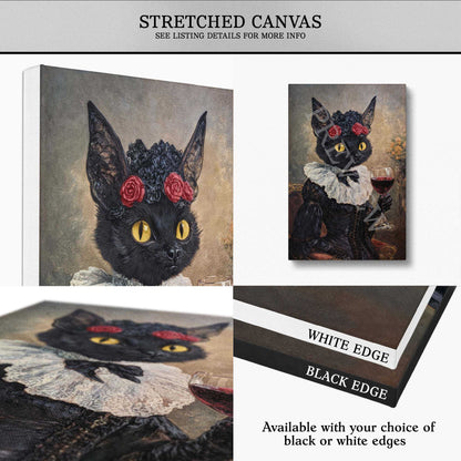 A collage showing a stretched canvas print of a black bat lady portrait in vintage attire, with text noting 'STRETCHED CANVAS' and 'SEE LISTING DETAILS FOR MORE INFO.' The collage also shows the canvas from an angled perspective, a close-up of the artwork, and edge options labeled 'WHITE EDGE' and 'BLACK EDGE.