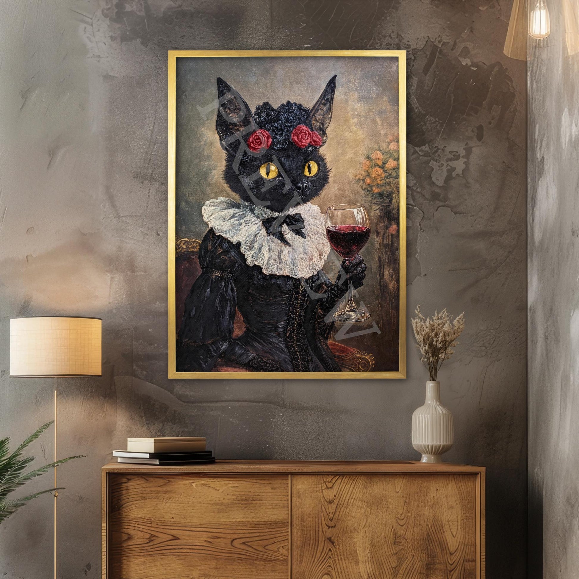 Bat_Lady_Red_Wine_Gold_Frame_-_Vintage_Panda_Designs