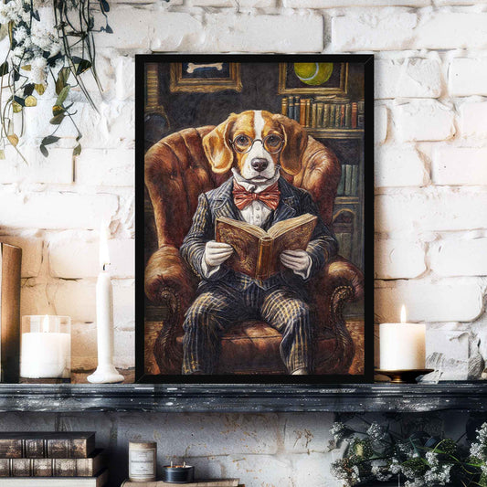 Beagle Dog Reading Book Print Black Frame by Vintage Panda Designs