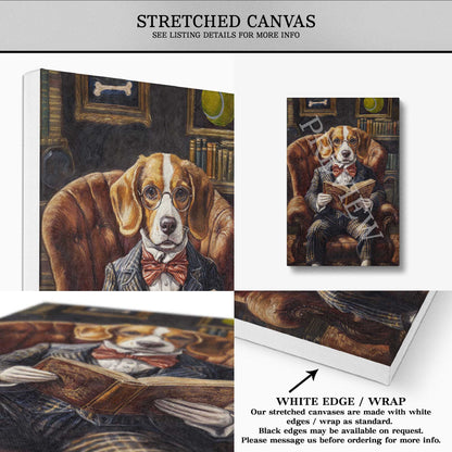 Beagle Dog Reading Book Stretched Canvas by Vintage Panda Designs