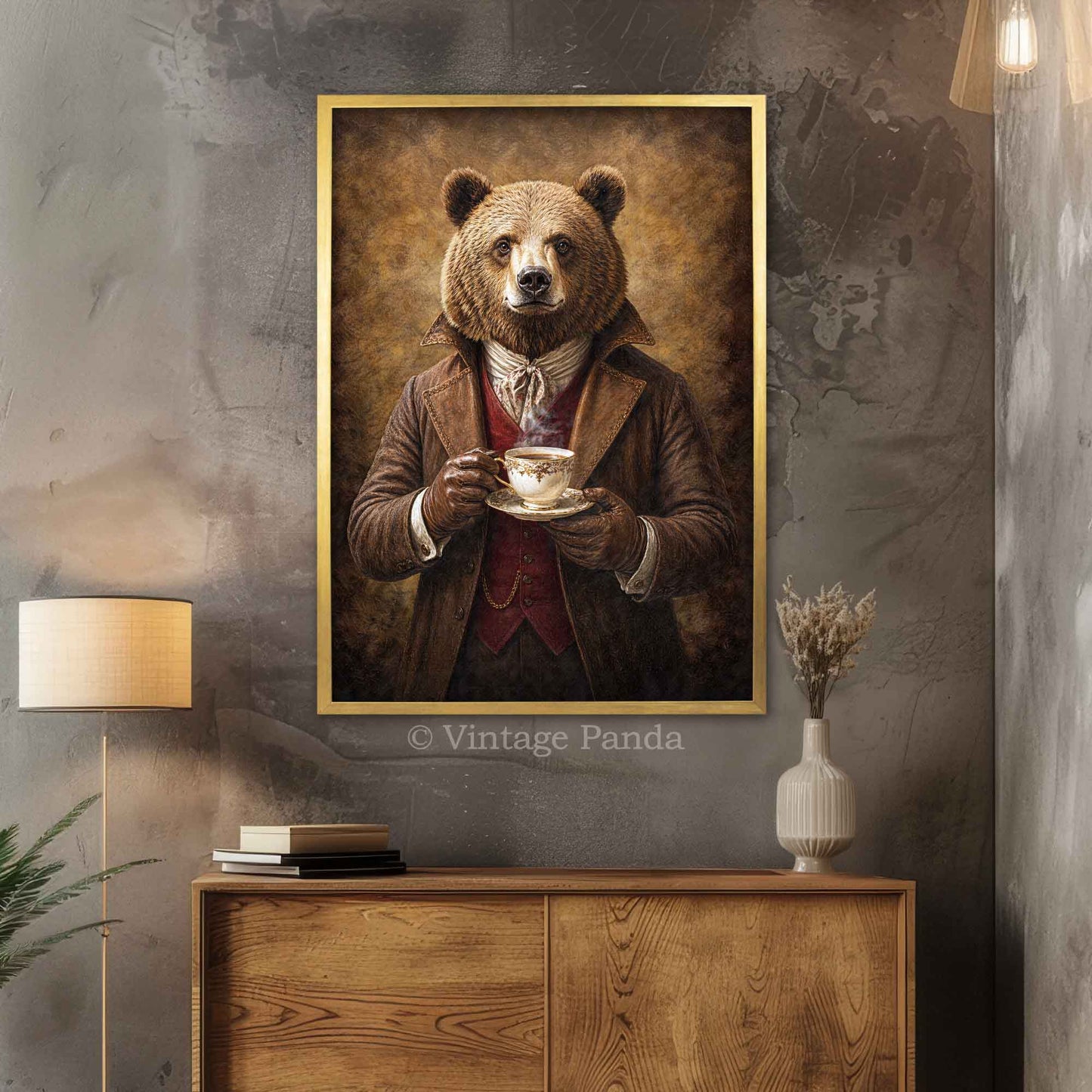 Bear_Drinking_Tea_Gold_Frame_by_Vintage_Panda_Designs