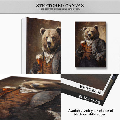 A product listing for a stretched canvas print featuring a bear dressed in historical clothing and holding a pint of beer. The collage shows the canvas from multiple angles, including a close-up of the artwork and text noting white and black edge options.