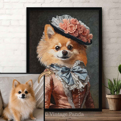 Framed artwork of custom vintage pet portrait of a Pomeranian dog wearing a top hat and coat with a plant in the background