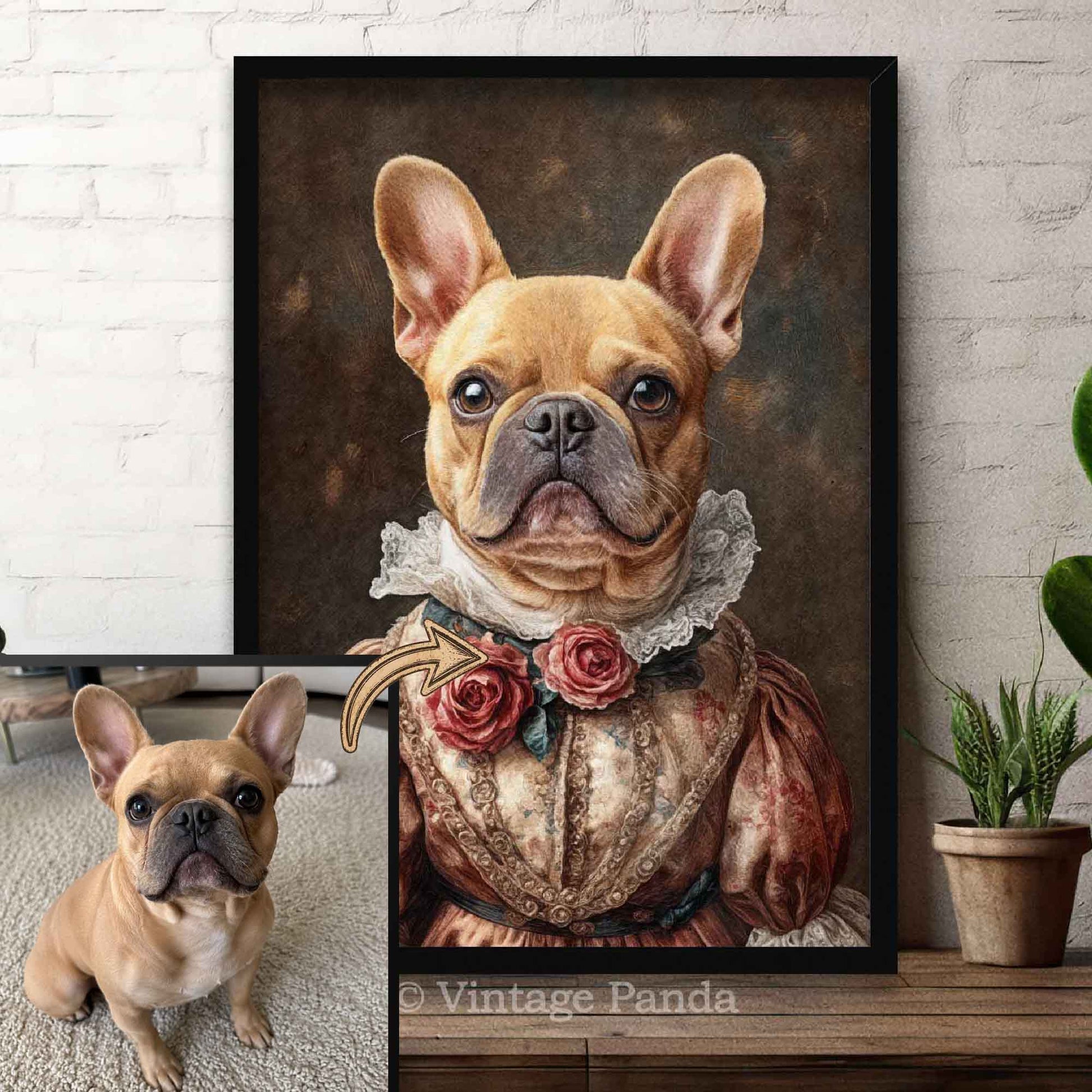 Framed Custom Vintage Pet Portrait  or a dog dressed in historical attire next to a real dog on a wooden table.