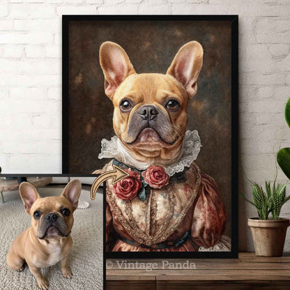 Framed Custom Vintage Pet Portrait  or a dog dressed in historical attire next to a real dog on a wooden table.