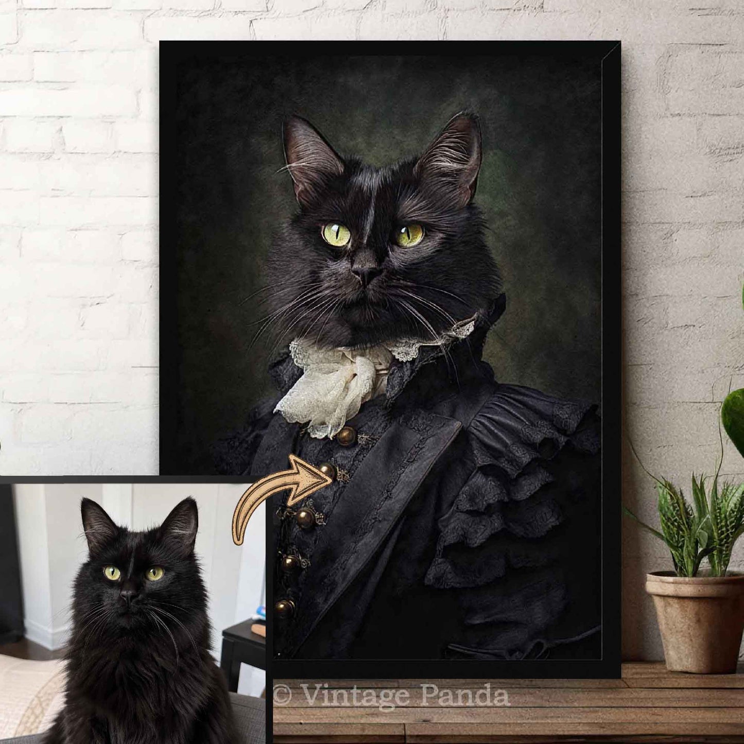 Framed custom vintage pet portrait portrait of a black cat in regal attire with 'Vintage Panda' branding.