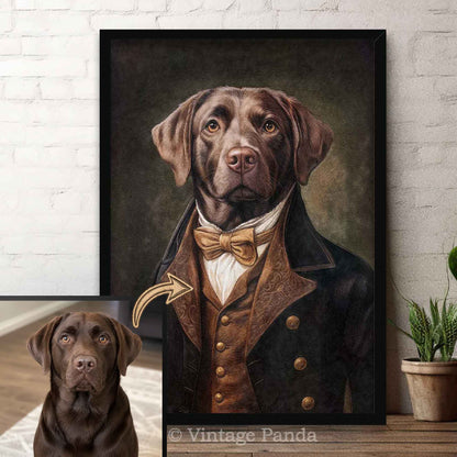 Custom Pet portrait of a brown dog in formal attire with a bow tie, displayed in a room.