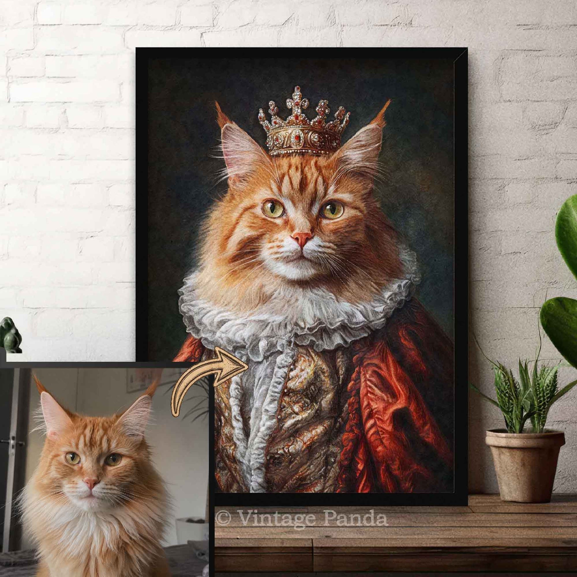 Framed personalised pet portrait of a cat in regal attire with a crown