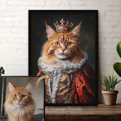 Framed personalised pet portrait of a cat in regal attire with a crown
