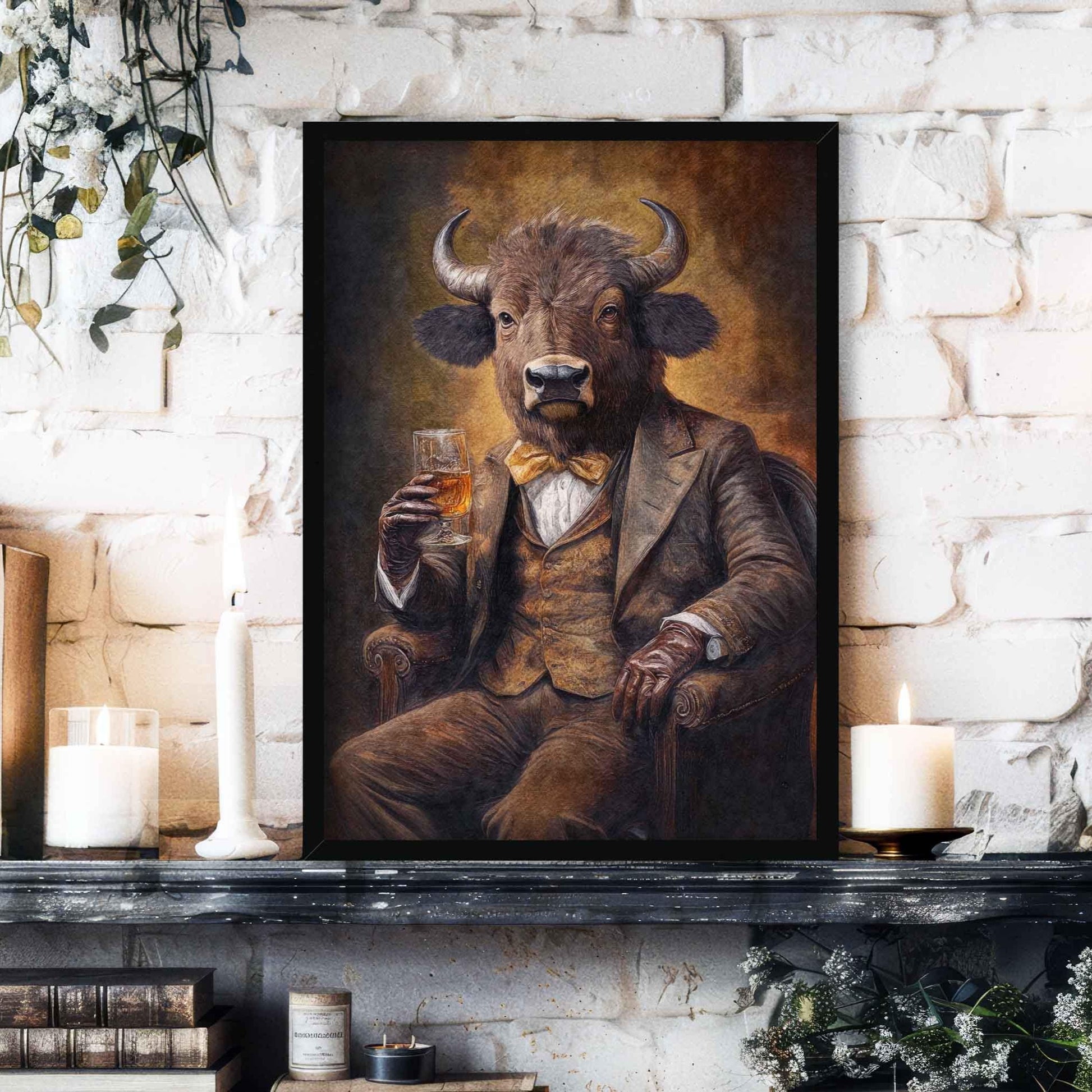 Bison Drinking Bourbon Wall Art Print - Vintage Panda Designs