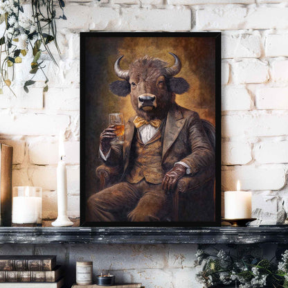 Bison Drinking Bourbon Wall Art Print - Vintage Panda Designs