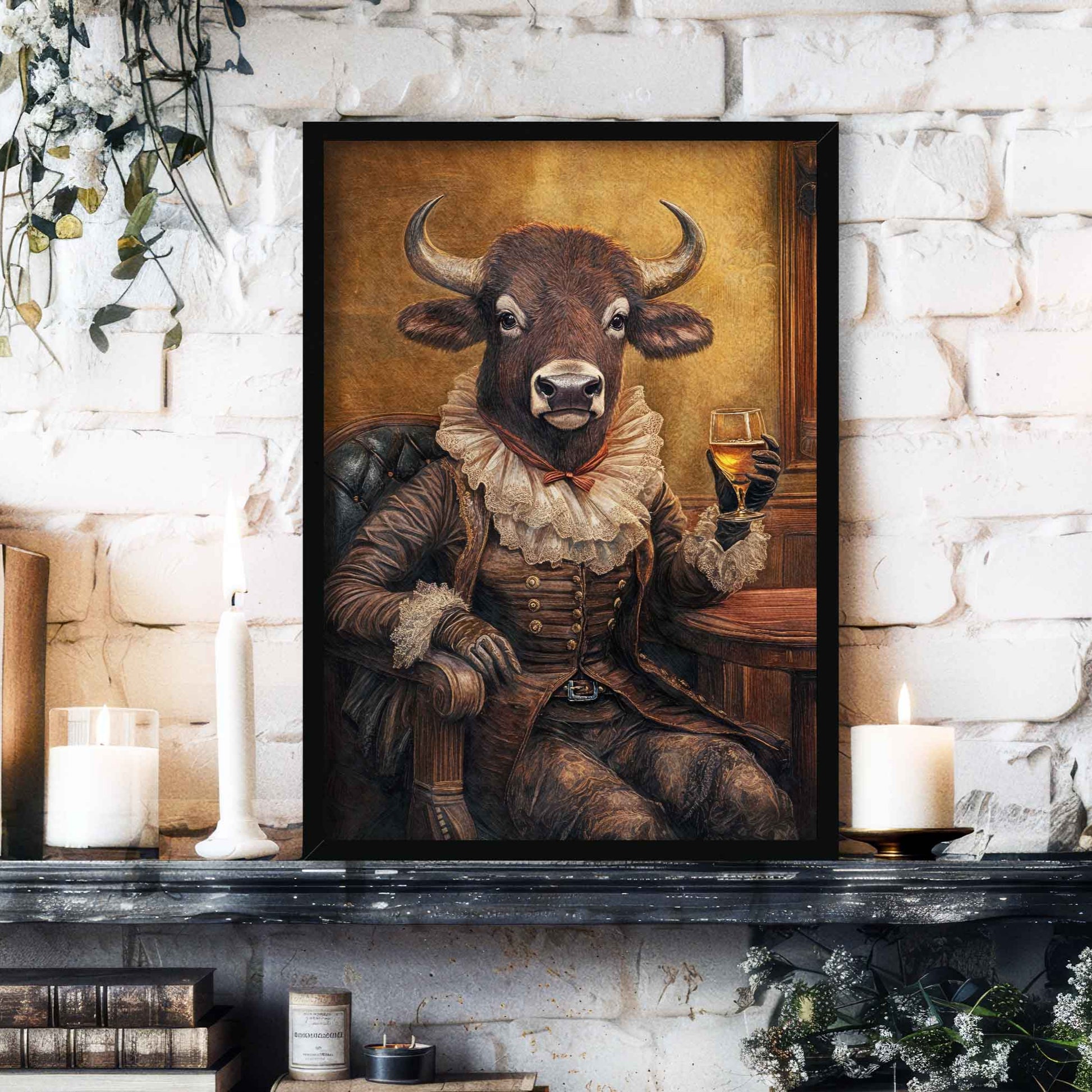 Bison Lady Drinking Bourbon Print Black Frame - Vintage Panda