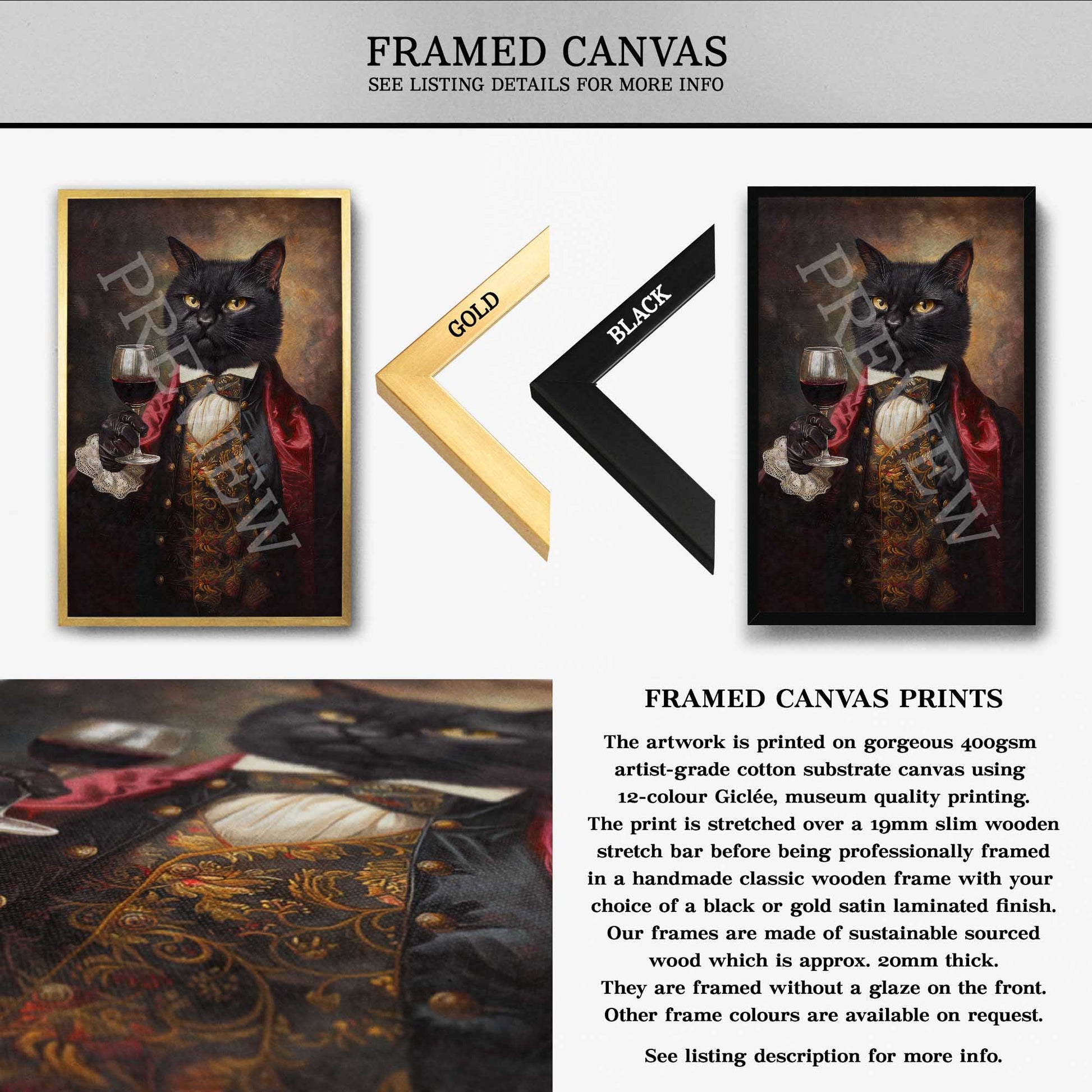 Black Cat Drinking Red Wine Framed Canvas - Vintage Panda Designs