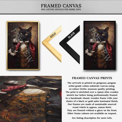 Black Cat Drinking Red Wine Framed Canvas - Vintage Panda Designs