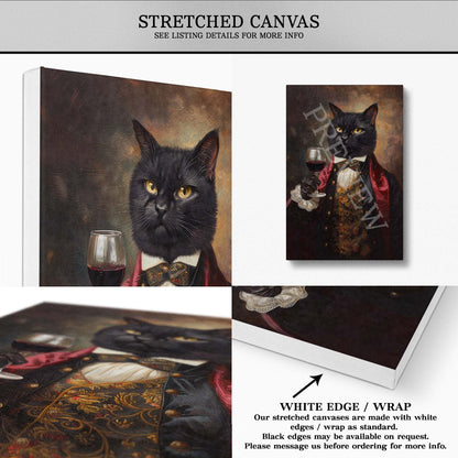 Black Cat Drinking Red Wine Stretched Canvas - Vintage Panda Designs