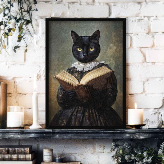 Black Cat Reading Book Print Black Frame by Vintage Panda Designs
