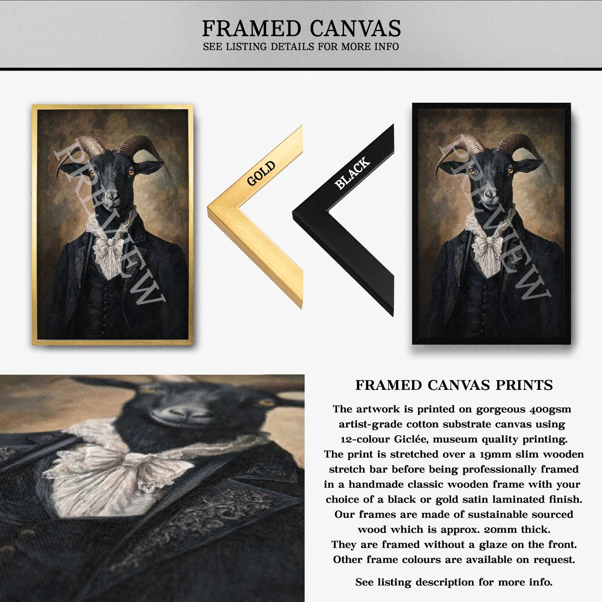 Black Goat Gentleman Framed Canvas Up by Vintage Panda Designs