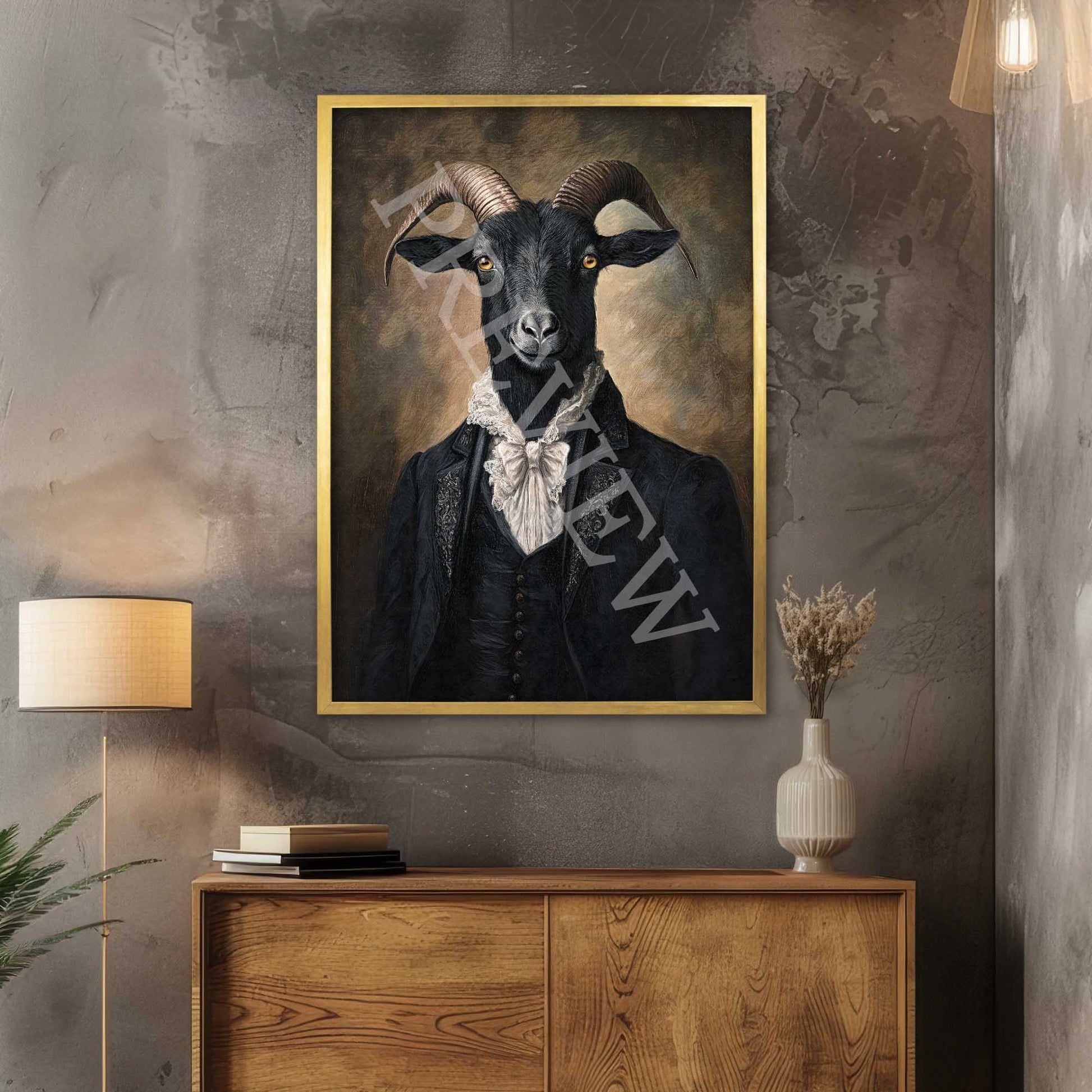 Black Goat Gentleman Print in Gold Frame by Vintage Panda Designs