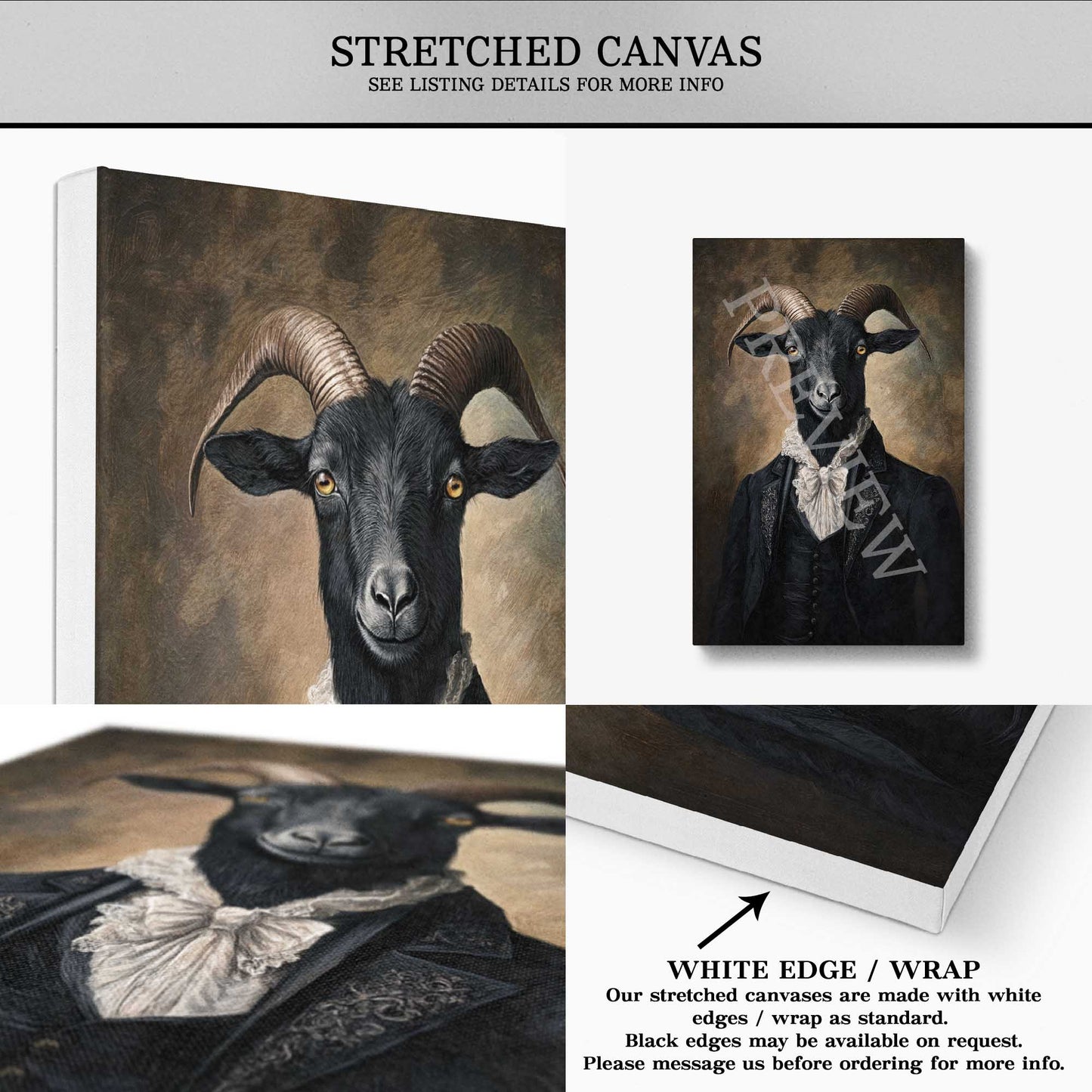 Black Goat Gentleman Stretched Canvas Up by Vintage Panda Designs