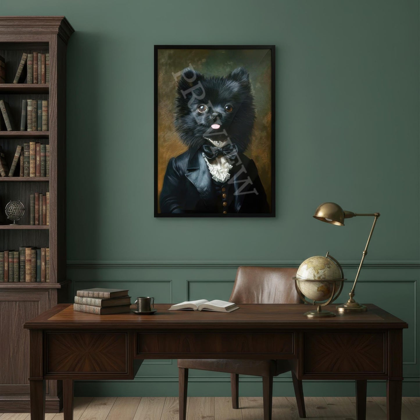 Black_Pomeranain_Laszlo_Wearing_Vintage_Gentleman_s_Suit_in_Mid_Century_Home_Office_Library_Room_Artwork_and_Image_by_and_Copyright_of_Vintage_Panda_Designs