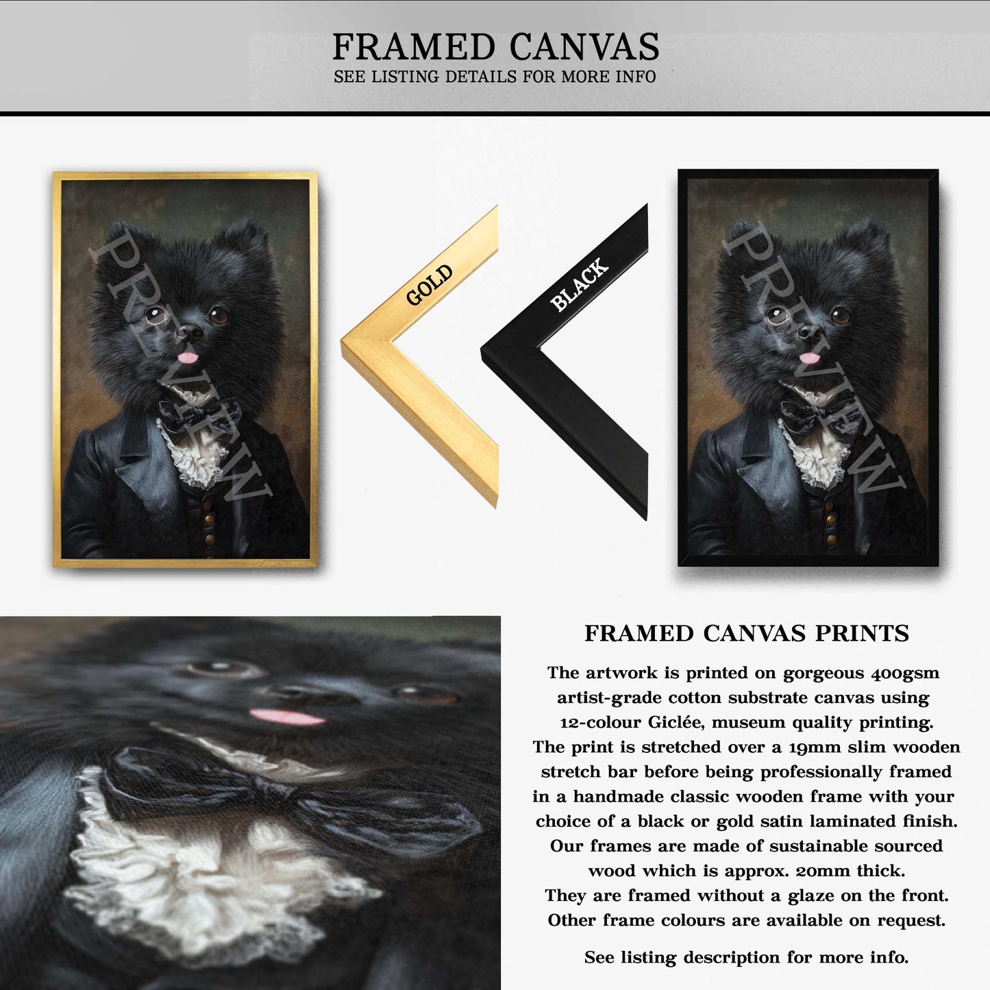 Black Pomeranian Dog Gentleman Wall Art Framed Canvas by Vintage Panda Designs
