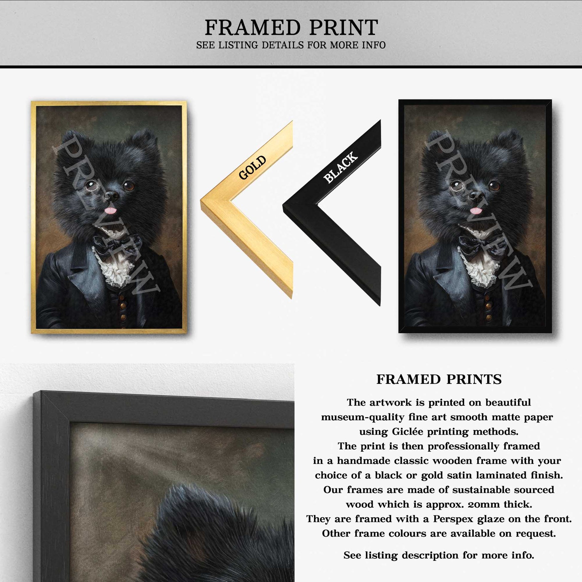 Black Pomeranian Dog Gentleman Wall Art Framed Print by Vintage Panda Designs