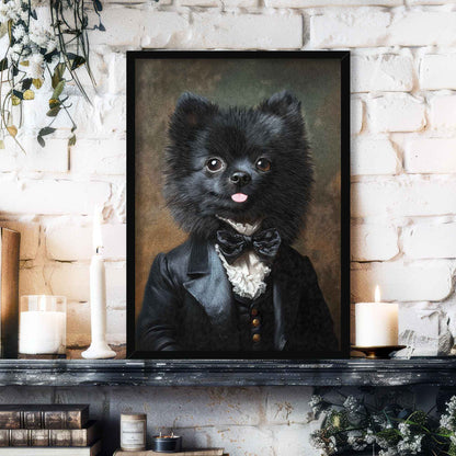 Black Pomeranian Dog Gentleman Wall Art Print in Black Frame by Vintage Panda Designs