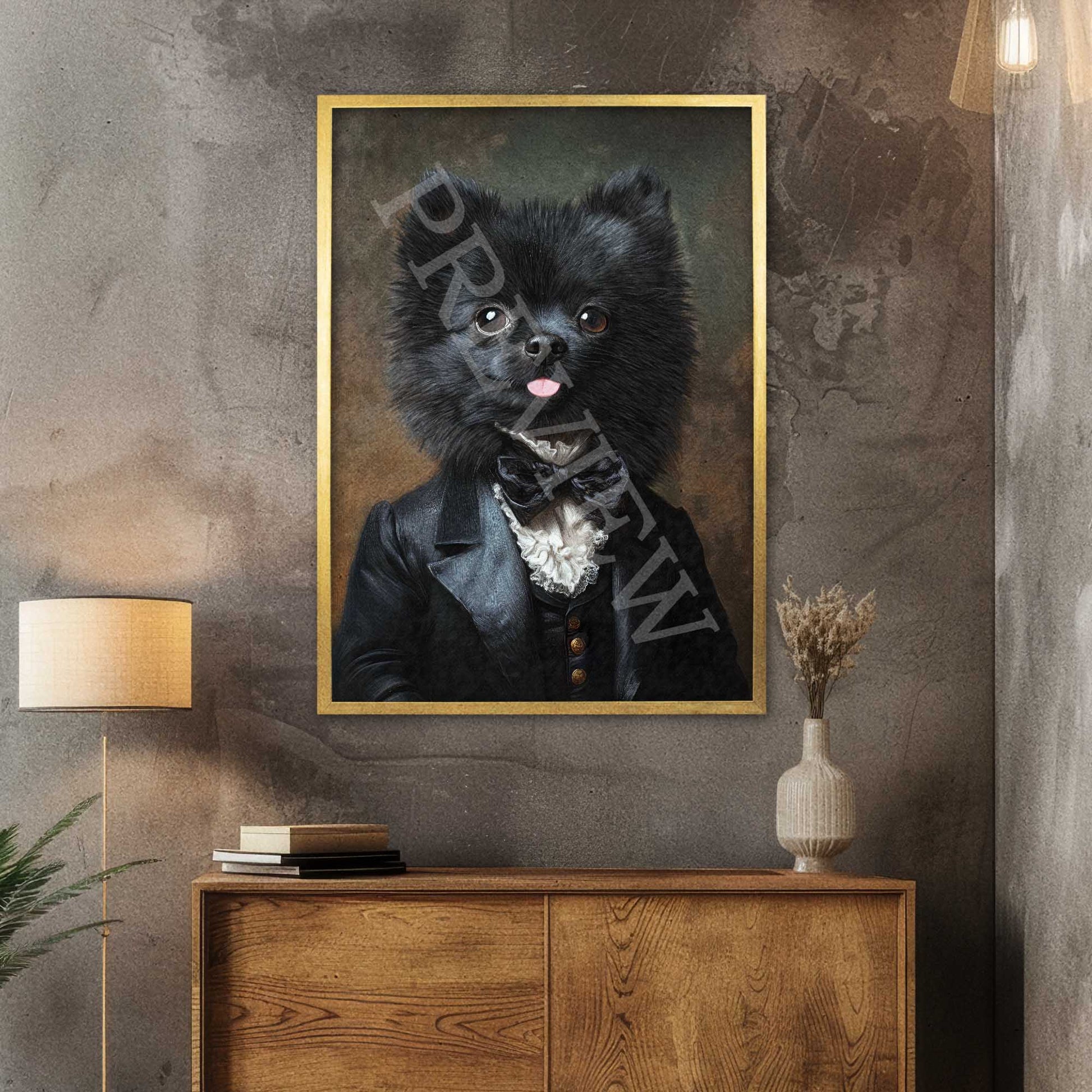 Black Pomeranian Dog Gentleman Wall Art Print in Gold Frame by Vintage Panda Designs