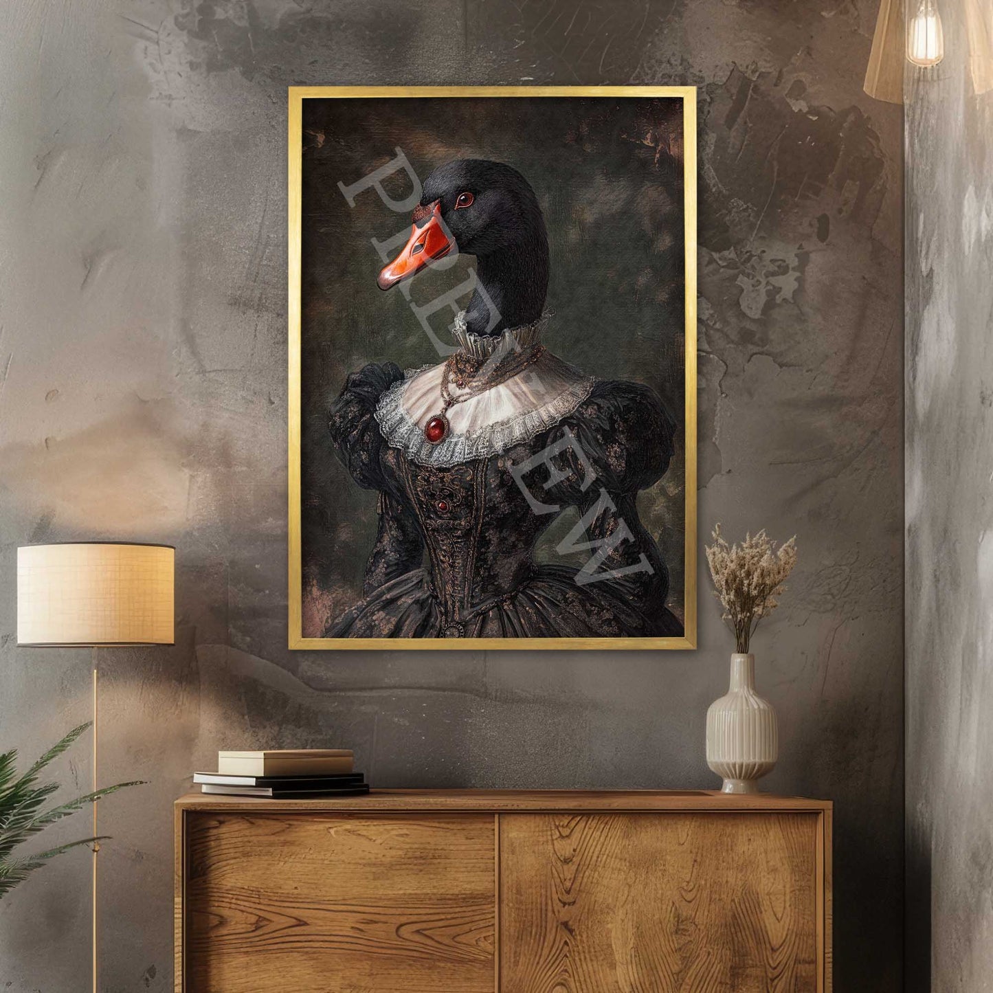Black Swan Lady Wall Art Print in Gold Frame by Vintage Panda Designs