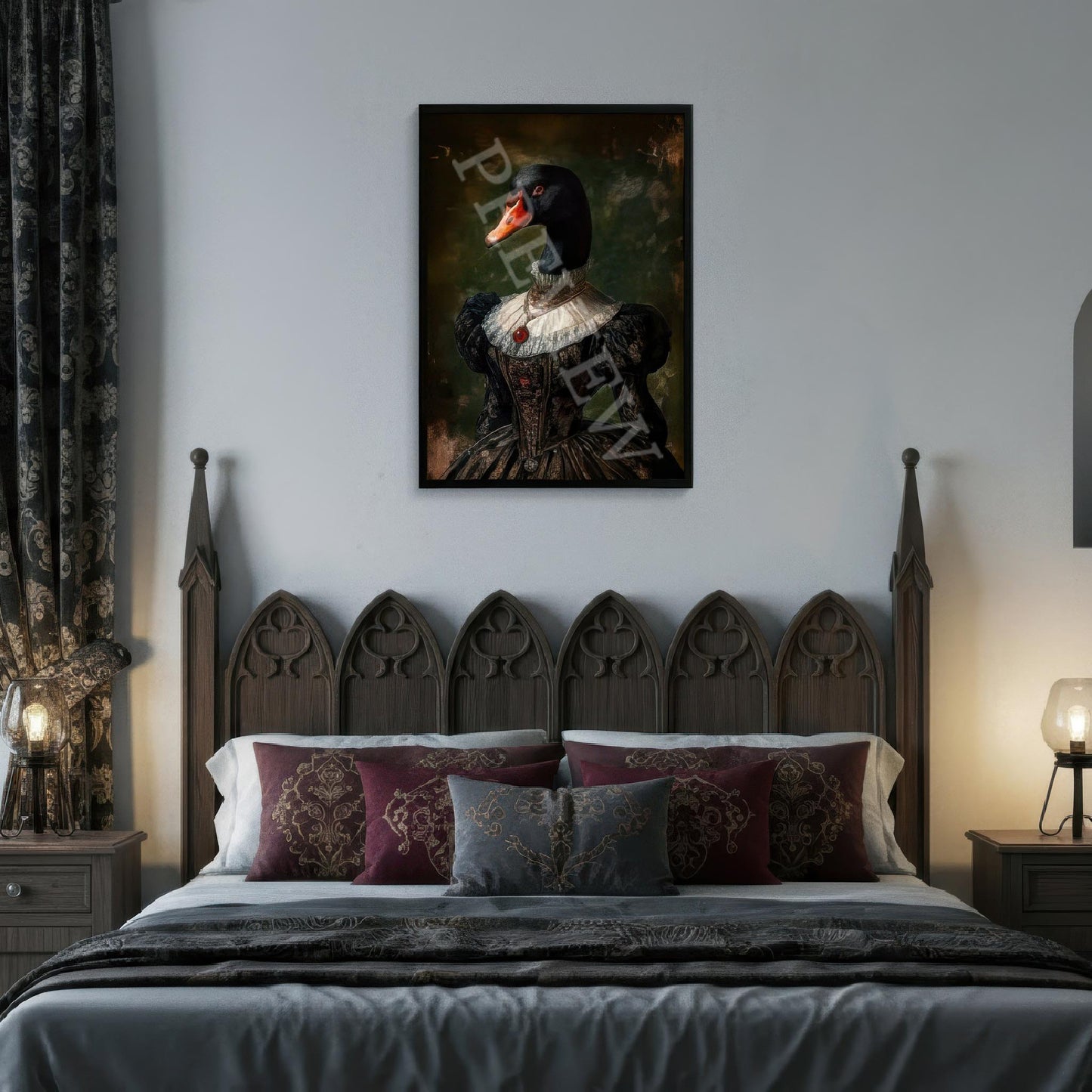 Black_Swan_Lady_in_Black_Frame_in_Gothic_Bedroom_Artwork_and_Image_by_and_Copyright_of_Vintage_Panda_Designs