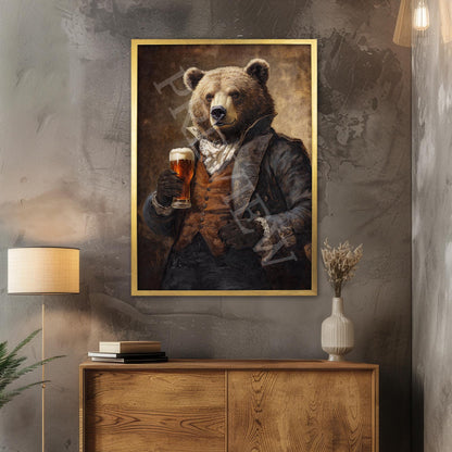 Brown Bear Drinking Beer Wall Art Print  Gold Frame