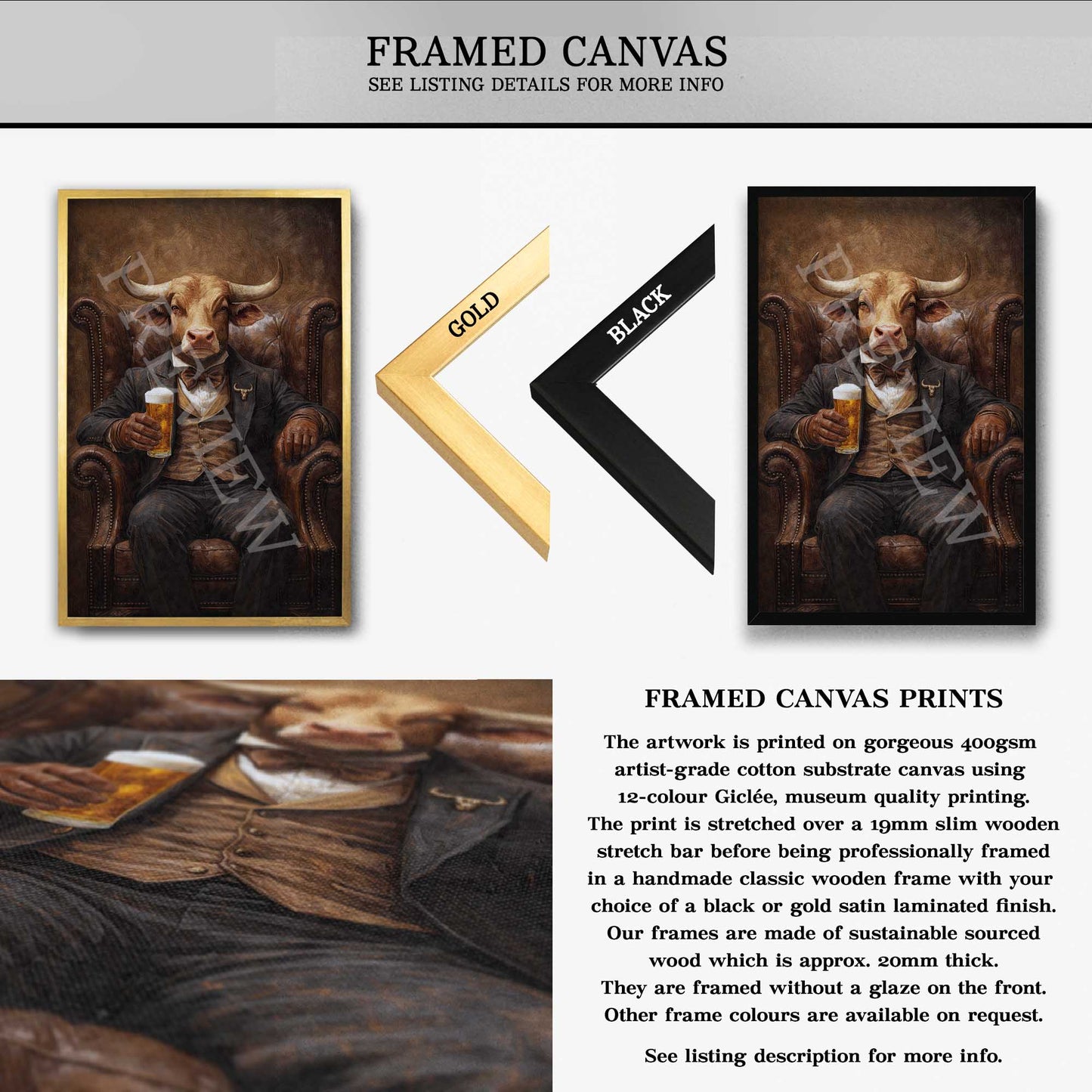 Bull_Drinking_Beer_Framed_Canvas_by_Vintage_Panda_Designs