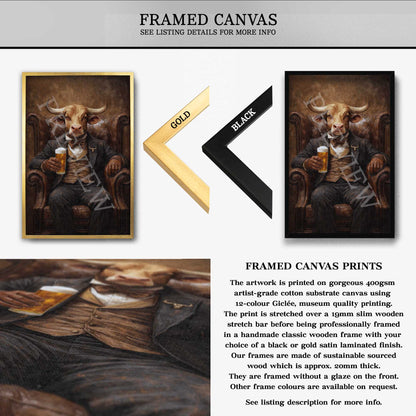 Bull_Drinking_Beer_Framed_Canvas_by_Vintage_Panda_Designs