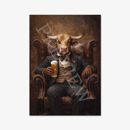 Bull_Drinking_Beer_Print_Only_Preview_by_Vintage_Panda_Designs