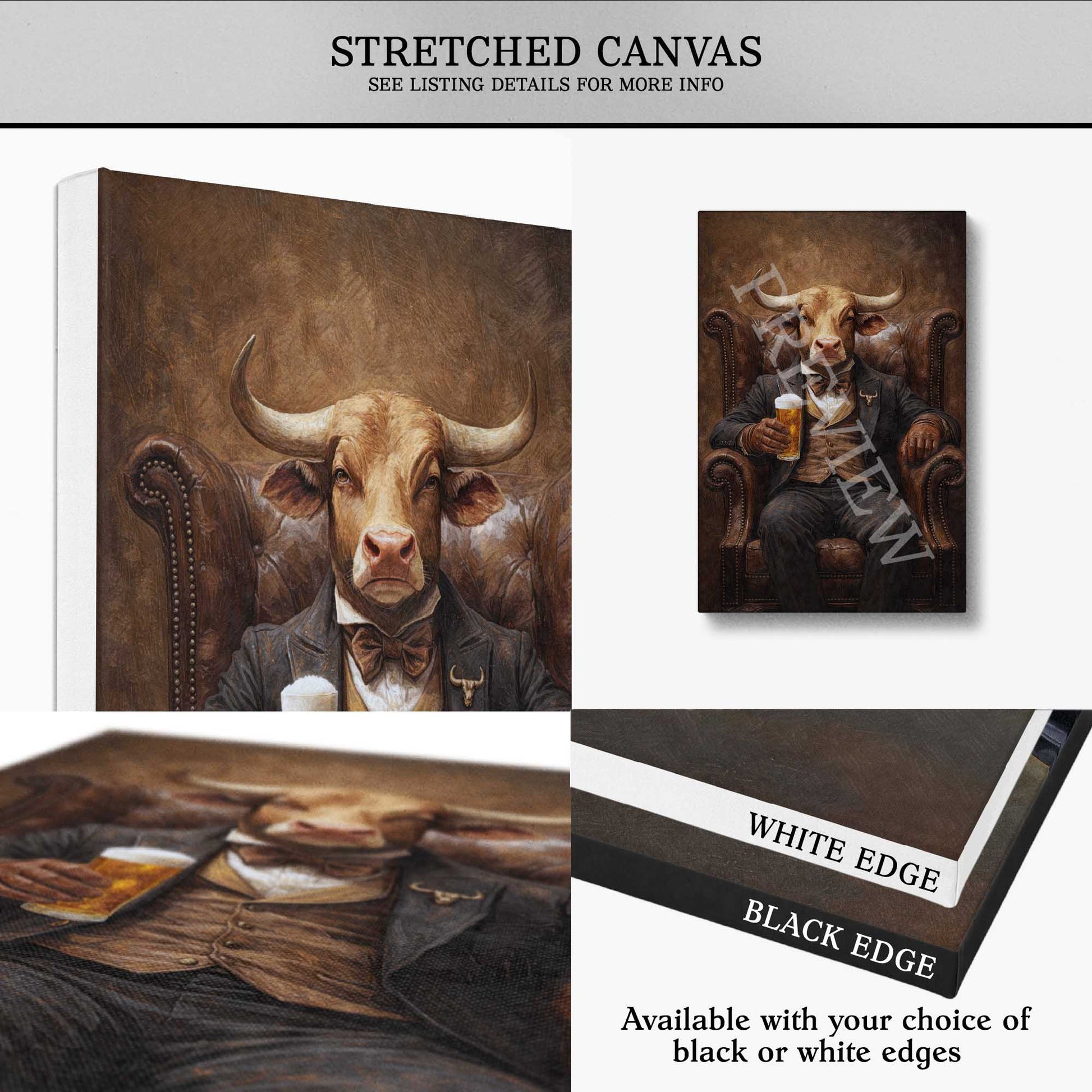 Collage of artistic bull portrait with text about stretched canvas options.