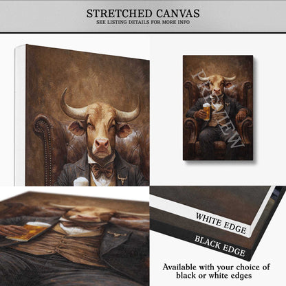 Collage of artistic bull portrait with text about stretched canvas options.