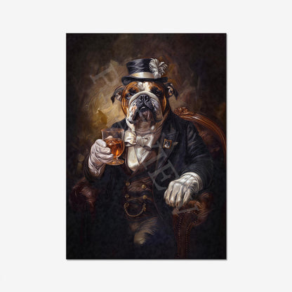 Bulldog Drinking Whisky Wall Art Print by Vintage Panda Designs
