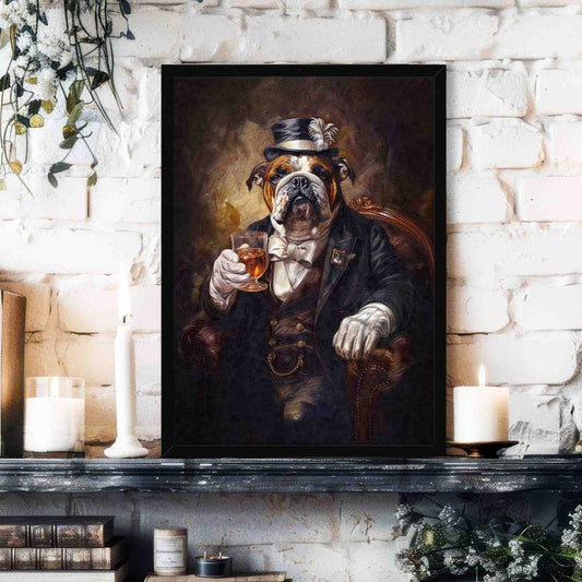 Bulldog Drinking Whisky Wall Art Print in Black Frame by Vintage Panda Designs