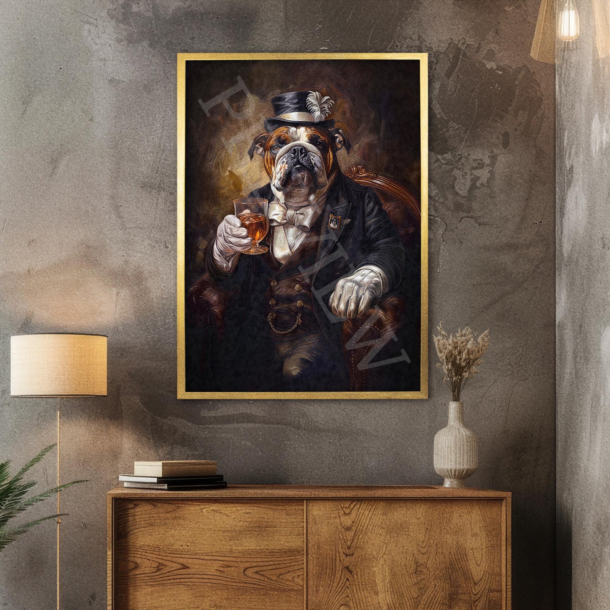Bulldog Drinking Whisky Wall Art Print in Gold Frame by Vintage Panda Designs