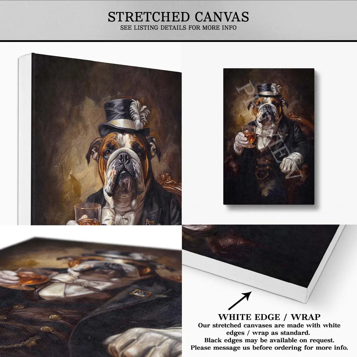 Bulldog Drinking Whisky Wall Art Stretched Canvas by Vintage Panda Designs