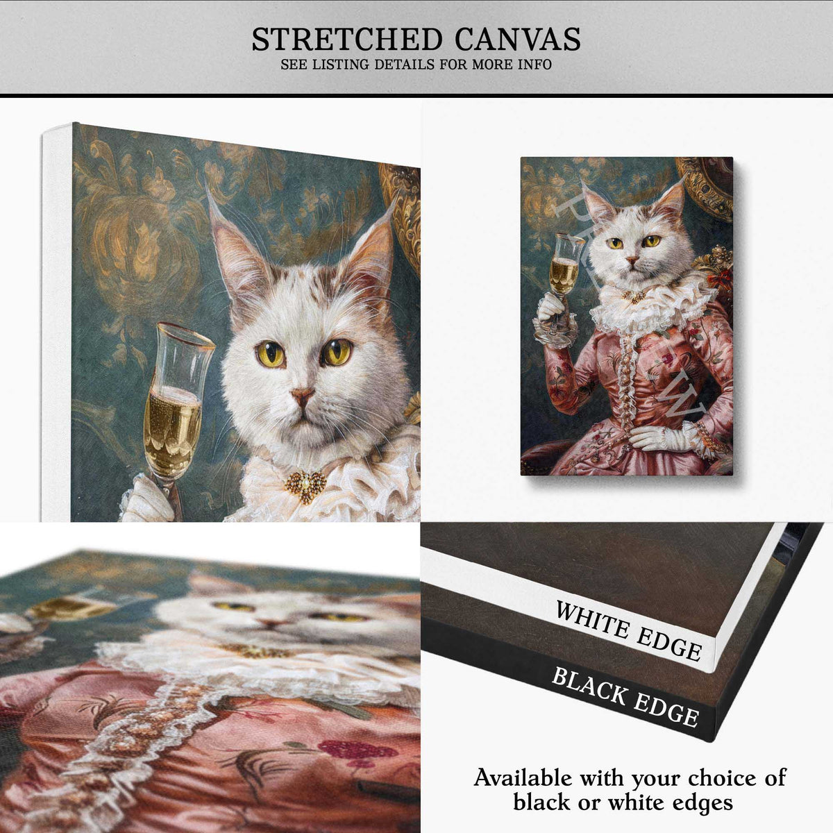 A product collage showing a stretched canvas print with a painted cat in historical dress holding a glass of champagne. The collage includes the full canvas view, a smaller inset of the same artwork, a close-up of the painting texture, and a detail of the black or white edge option.