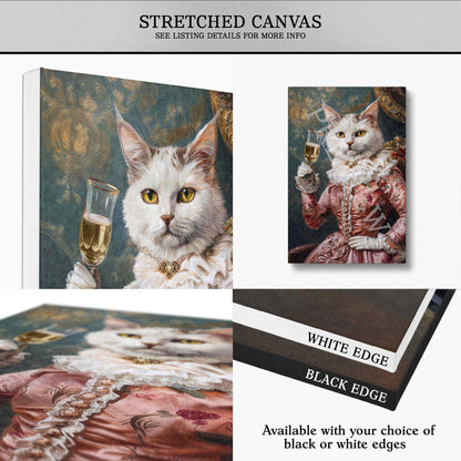 A product collage showing a stretched canvas print with a painted cat in historical dress holding a glass of champagne. The collage includes the full canvas view, a smaller inset of the same artwork, a close-up of the painting texture, and a detail of the black or white edge option.