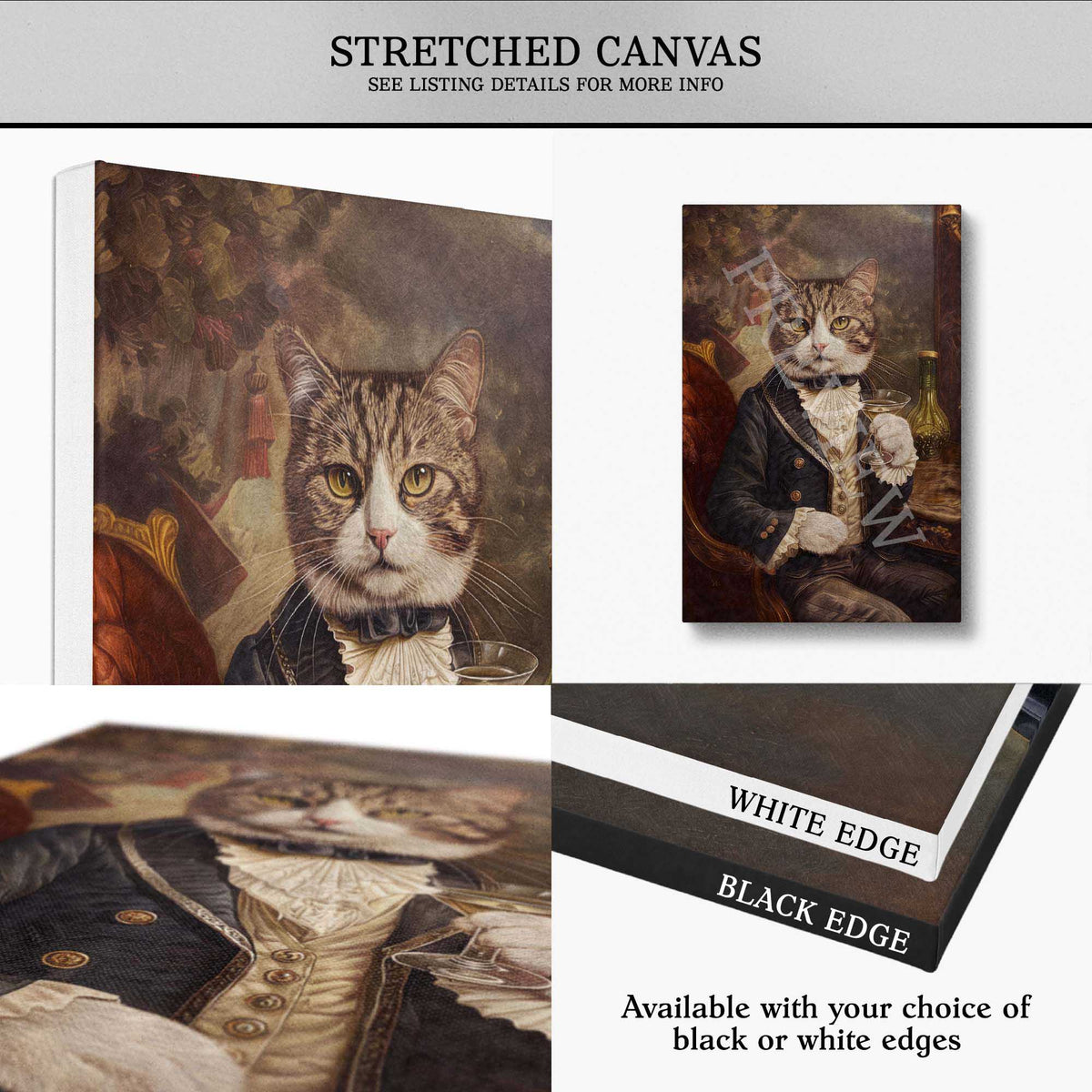 A stretched canvas art print featuring a vintage-style portrait of a tabby cat dressed in a formal black and white coat, shown in multiple views with text noting stretched canvas format and available black or white edges.