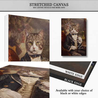 A stretched canvas art print featuring a vintage-style portrait of a tabby cat dressed in a formal black and white coat, shown in multiple views with text noting stretched canvas format and available black or white edges.