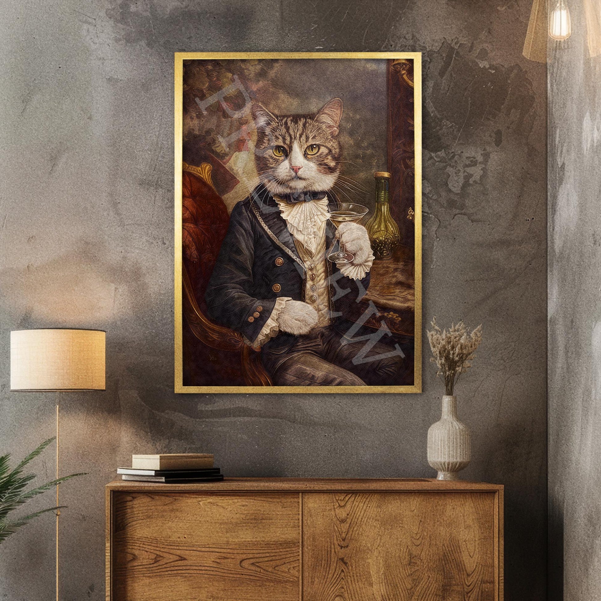 Cat_with_Cocktail_Gold_Frame_-_Vintage_Panda_Designs