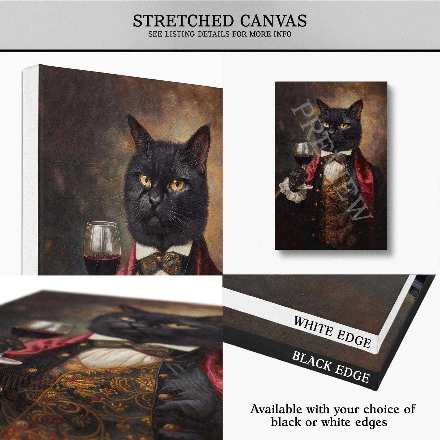 Custom canvas print of a black cat in a vintage portrait style, styled as a gentleman holding a wine glass. The collage shows the stretched canvas, a smaller flat print view, a close-up of the detailed portrait, and options for white or black edges.