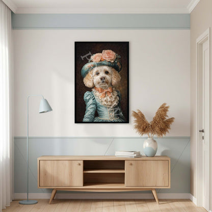 Cavapoo_Lady_in_Vintage_Dress_in_Black_Wood_Frame_in_Modern_Airy_Living_Area_Artwork_and_Image_by_and_Copyright_of_Vintage_Panda_Designs